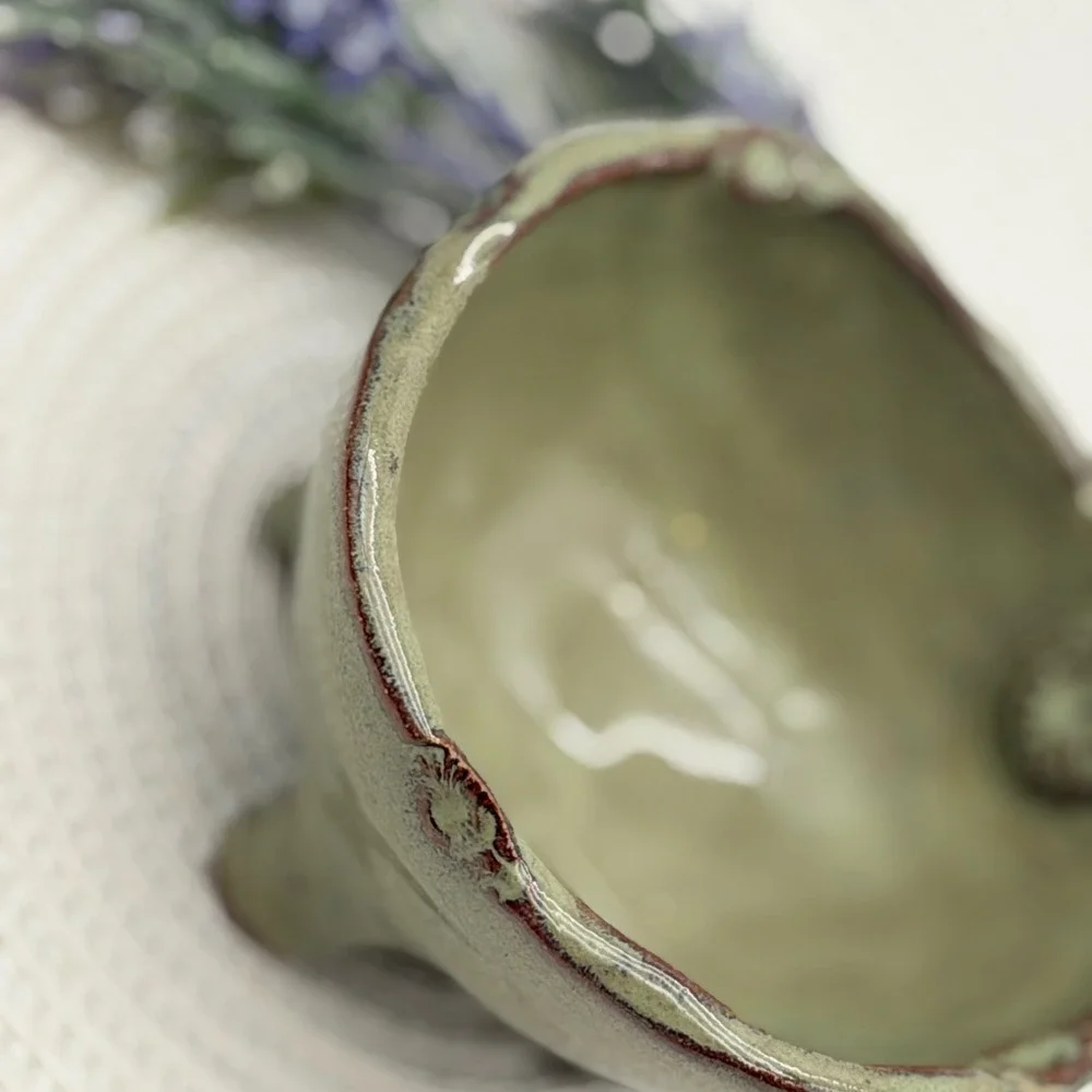 Handmade Studio Pottery Sage Green Glazed Footed Bowl Wavy Rim Wabi Sabi 4.5